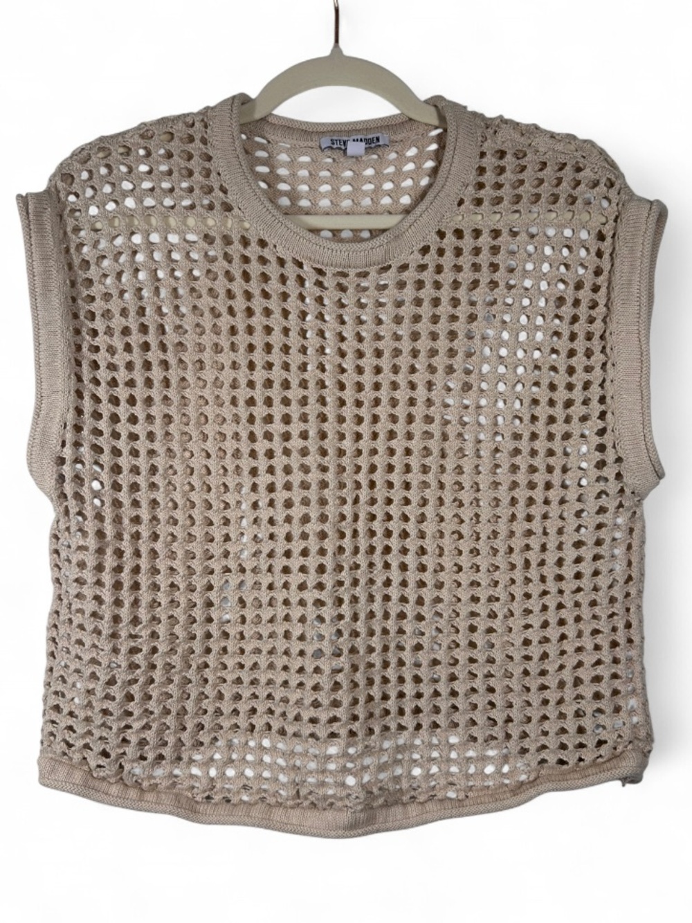 Steve Madden Ladies Crochet Top in a tan, sleeveless, boxy-fit, size L - Picture 2 of 6
